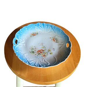 Vintage China Serving Plate, Blue Trim with Floral Bouquet Pattern & Two Handles